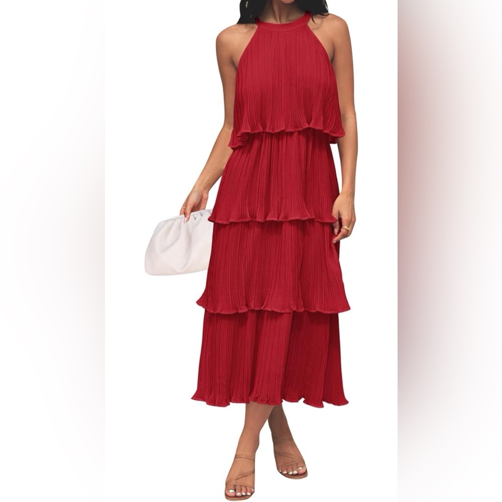 Sleeveless Halter Neck Ruffle Tiered Layed Chiffon Flowy Swing Midi Size L #5